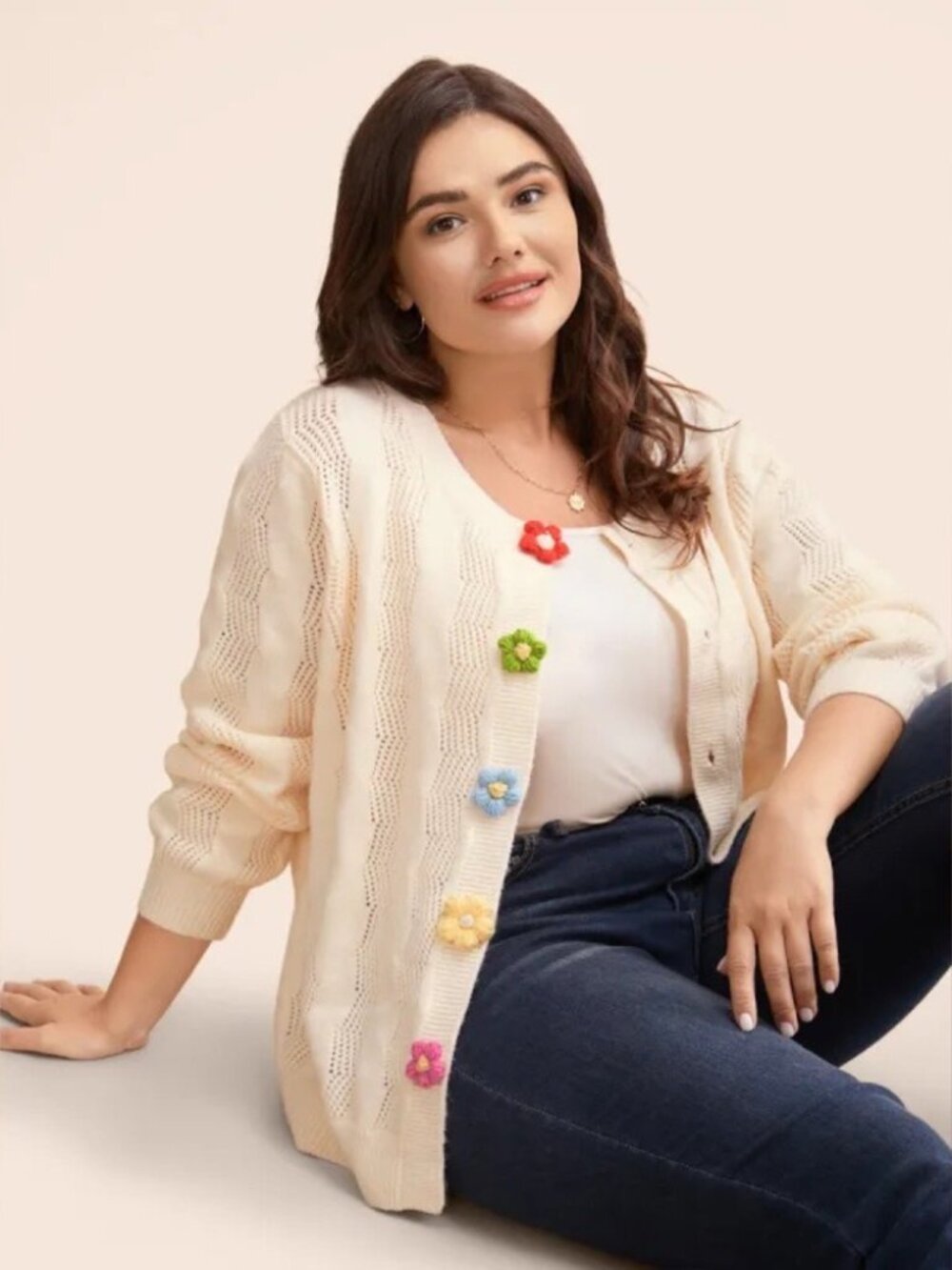 BloomChic NEW Soft Cream Colored Sweater Crochet Flower Button Size 22-24 Fall